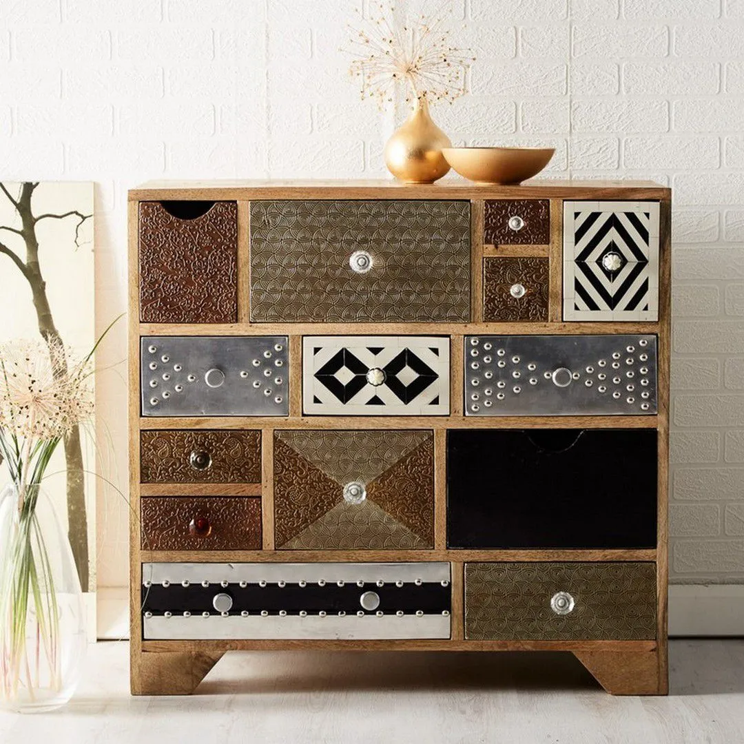 Indian Hub Sorio 14 Drawer Chest - Wood - L40 x W85 x H80 cm in Brown