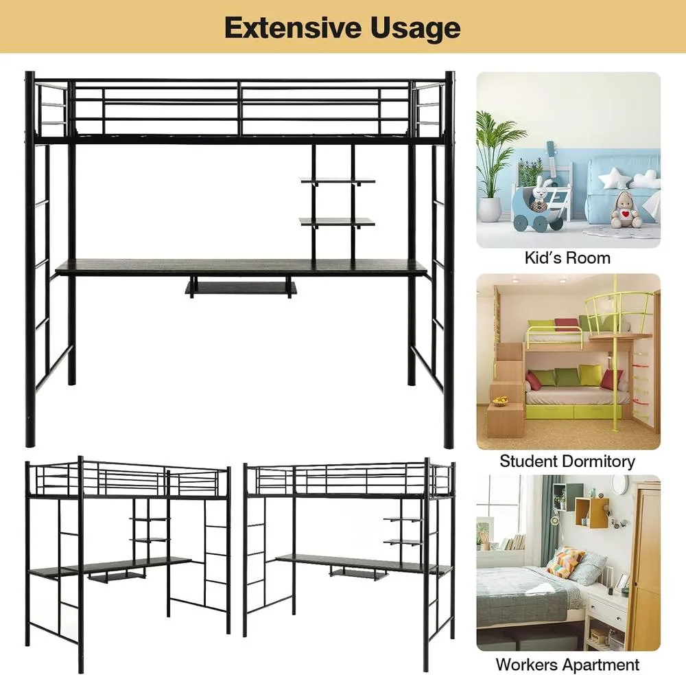 Costway 3.5FT Single Metal Loft Bed Frame High Sleeper Bunk Bed W/ Desk Storage Shelves in Black 5