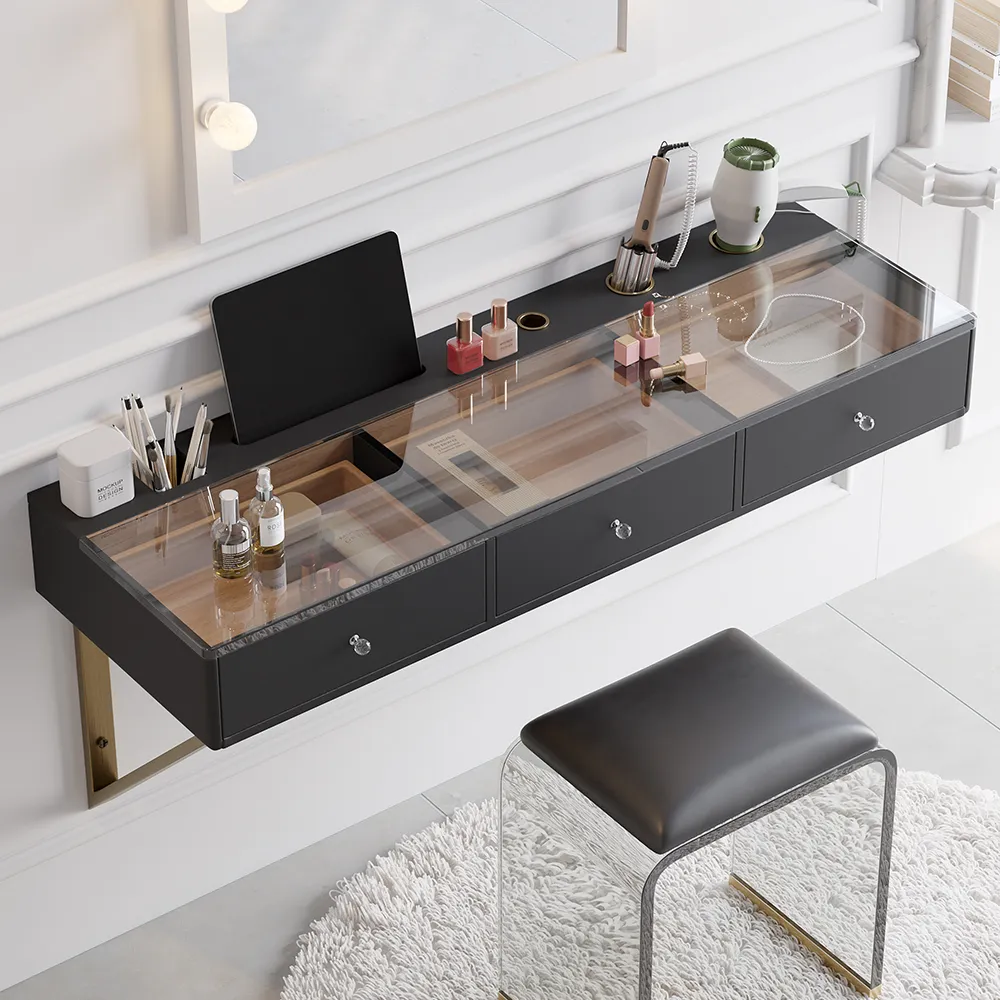 Glass Modern Floating Black Dressing Table with Tempered Top & Drawers Wall Mounted Beauty Station