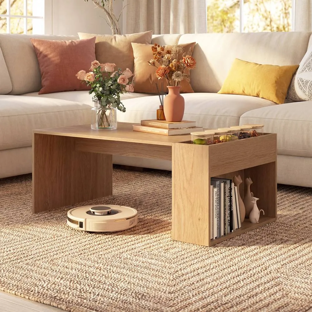 Costway Coffee Table 85cm Coffee Table with Double-Layer Storage Space in Tan 3