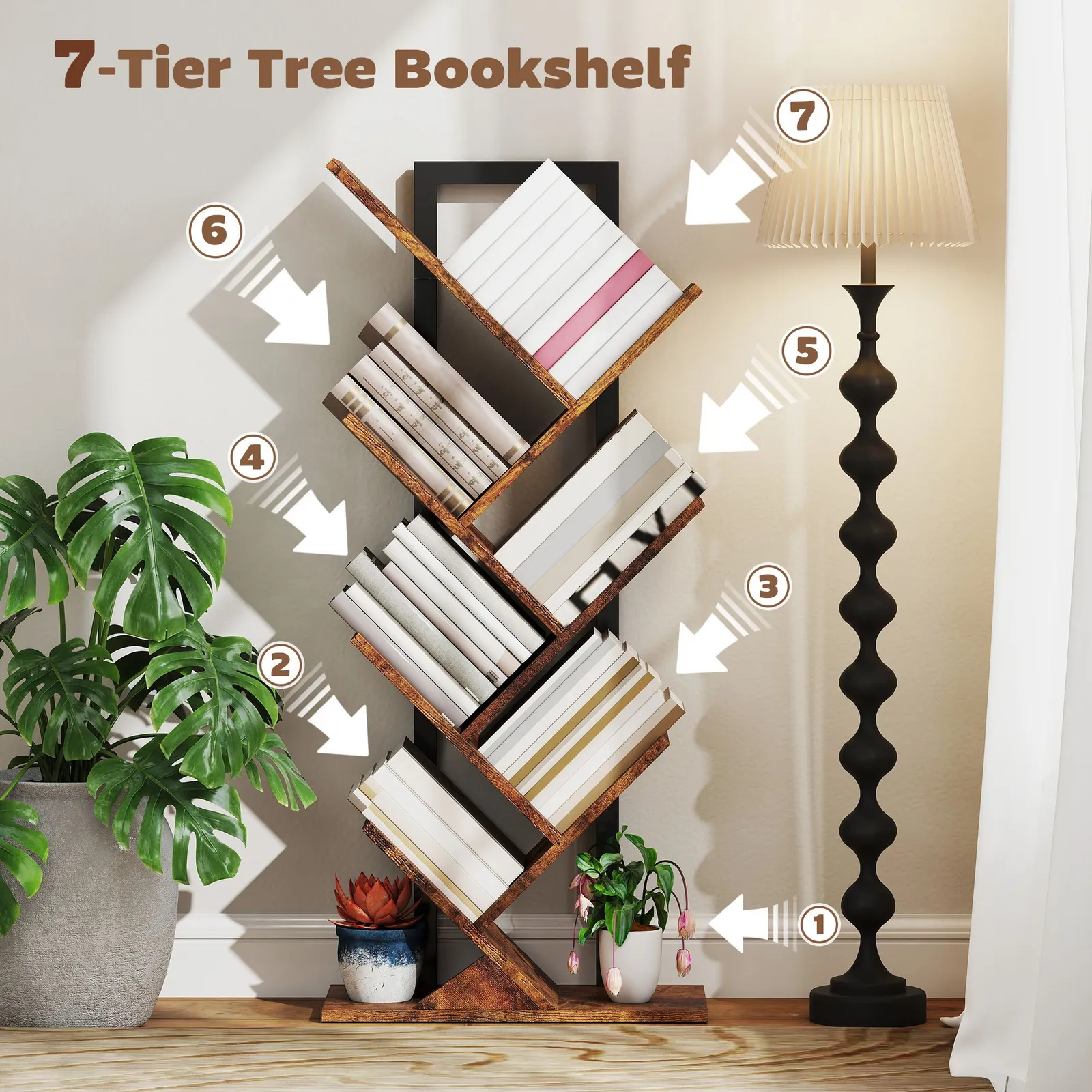 HOMCOM Tree Bookshelf with Steel Frame for Living Room, Rustic Brown 4