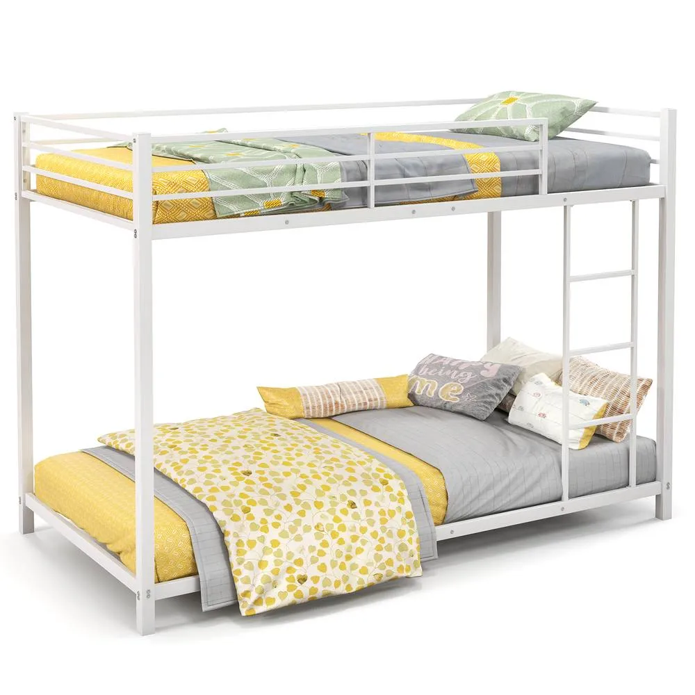 Costway Single Metal Bunk Bed Floor Bed Frame w/Ladder &Full-length Guardrails in White 3