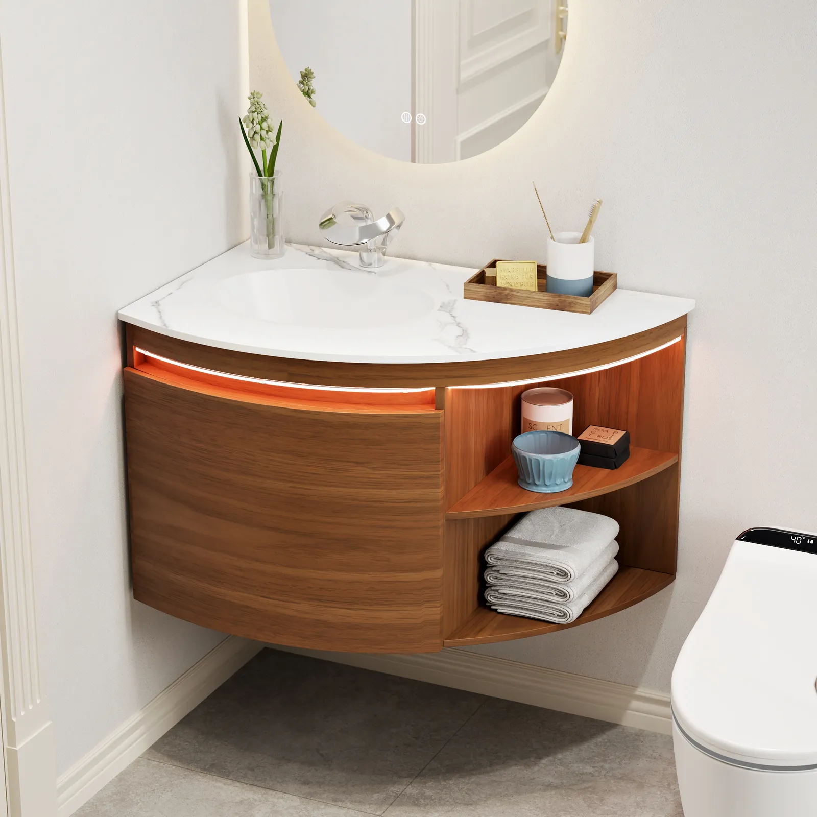 91 cm Corner Bathroom Vanity with Storage & LED Sensor Light