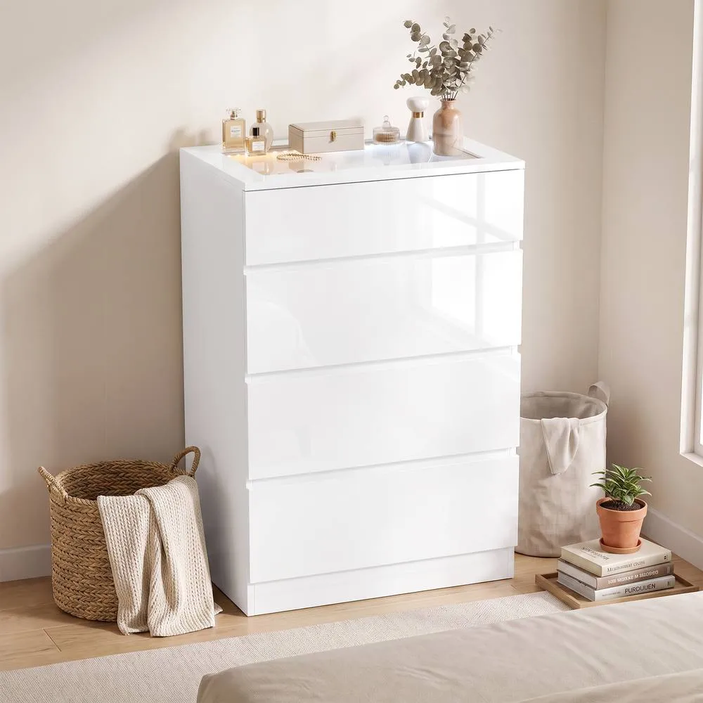 HOMCOM High Gloss 4 Drawer Chest of Drawers with Glass Top RGB LED Lights in White 2