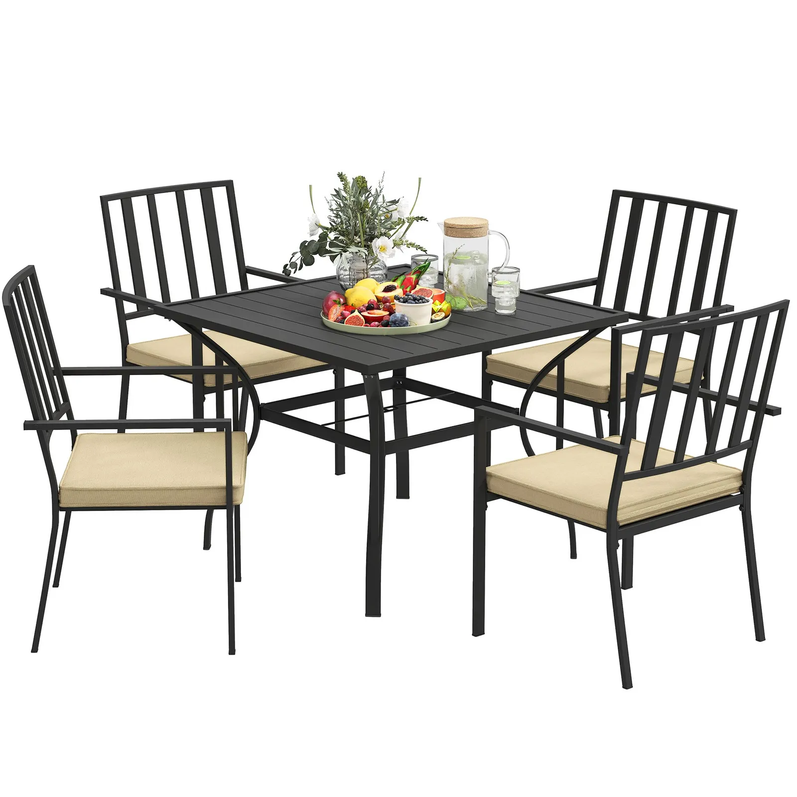 OUTSUNNY Garden Dining Set w/ 4 Stackable Cushioned Chairs & Metal Top Table in Black 2