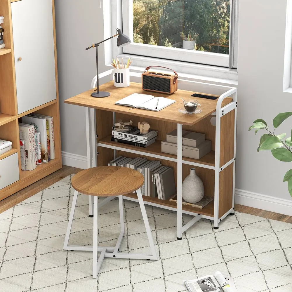 Costway Folding Table w/ Stool 90 cm Computer Desk Set w/ AC Outlets in Natural