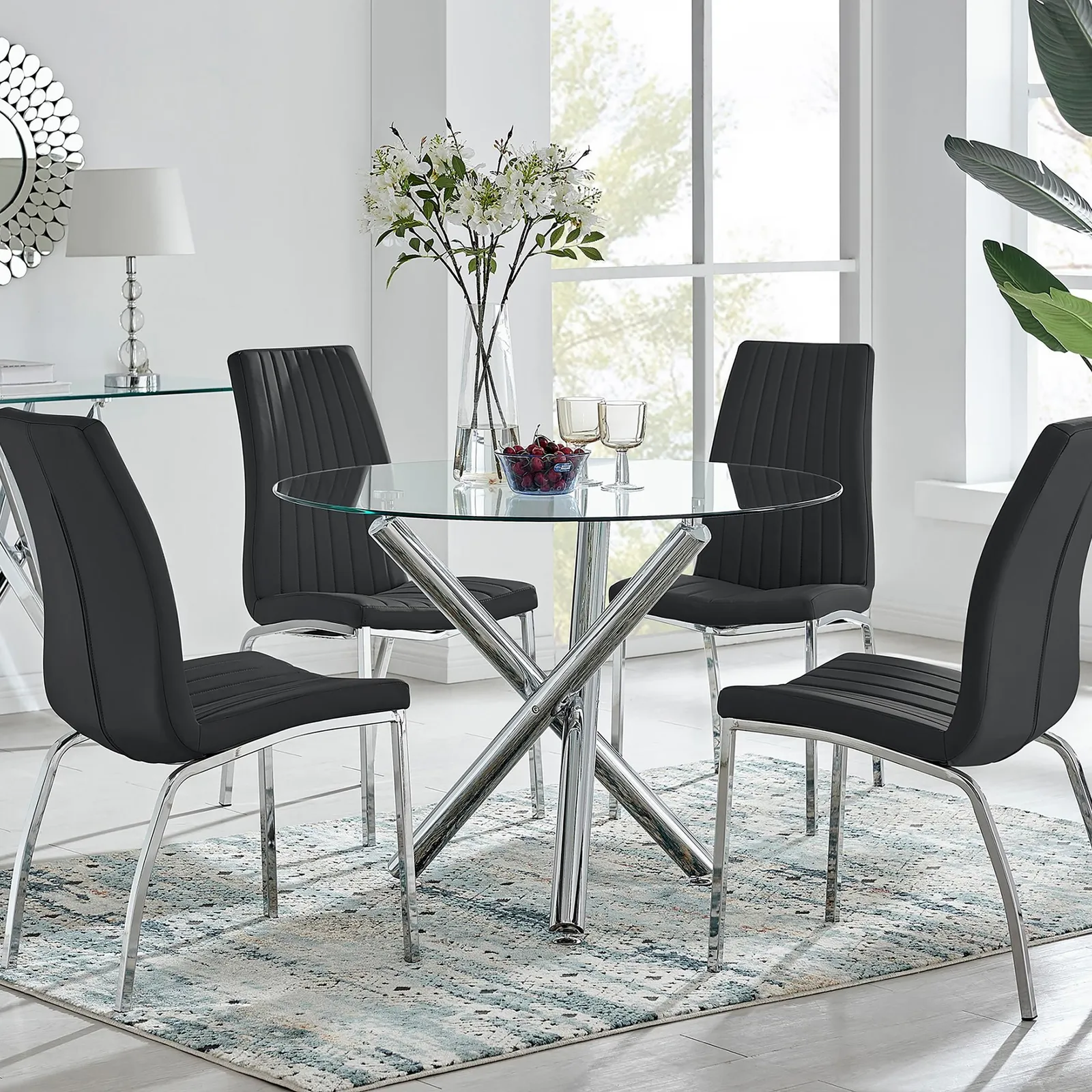 FurnitureboxUK Selina Round Glass Chrome Leg Dining Table & Isco Chairs in Black 1
