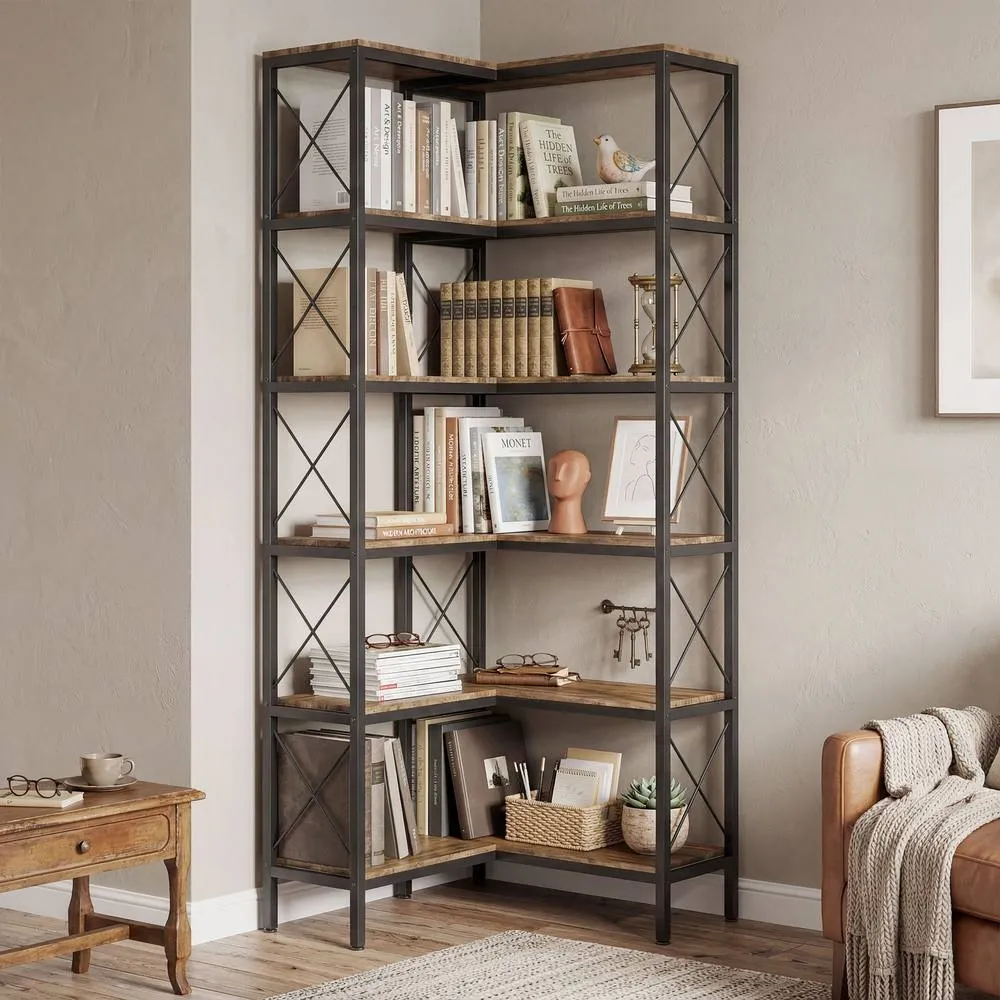 HOMCOM L-Shaped Bookshelf, 5-Tier Bookcase with Metal Frame, Rustic Brown