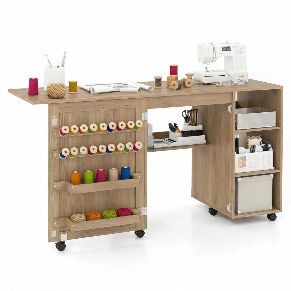 Costway Folding Sewing Table Rolling Sewing Machine Craft Station w/18 Pegs in Brown