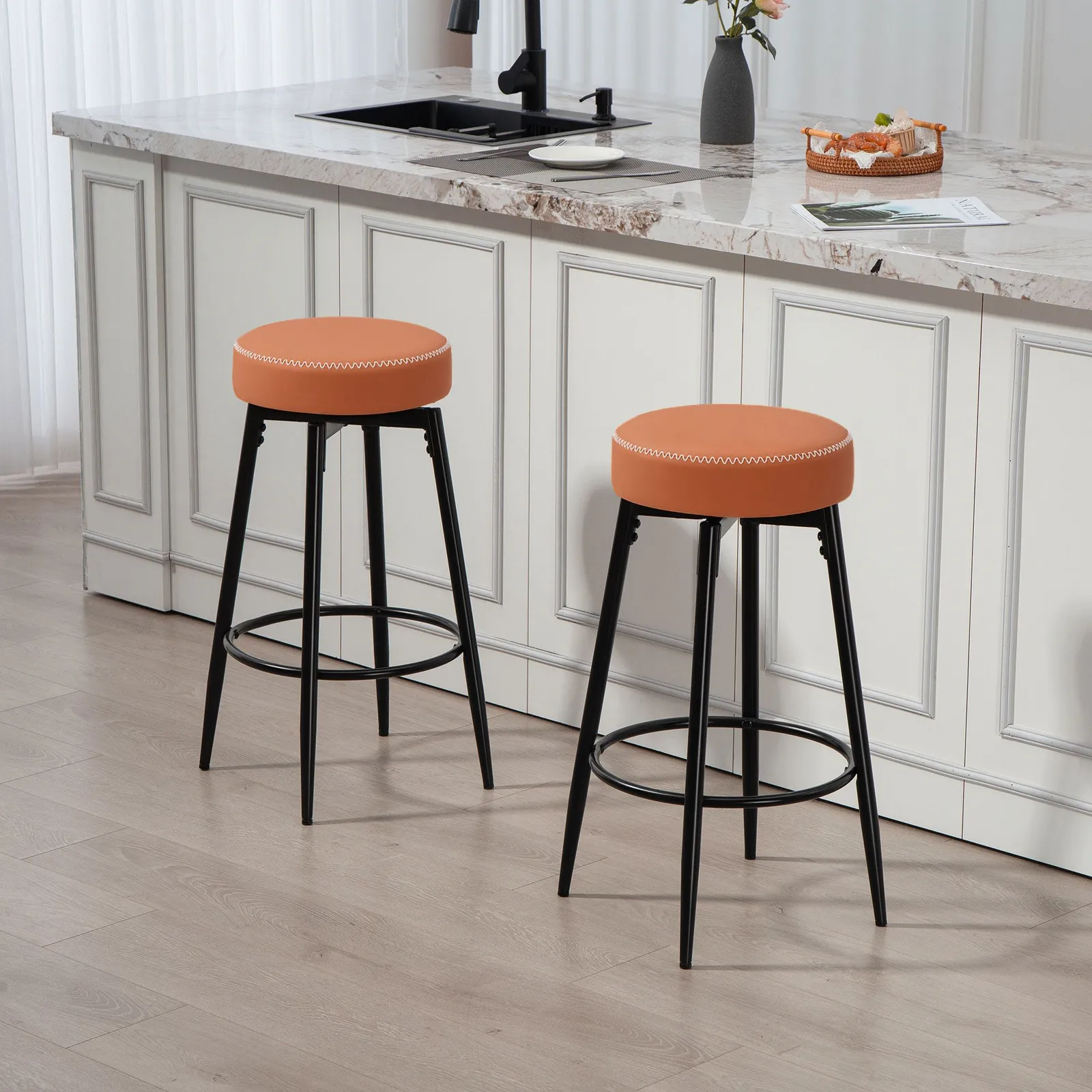 HOMCOM 360 Degree Swivel Bar Stools Set of 2, PU Leather Barstools with Footrest in Brown
