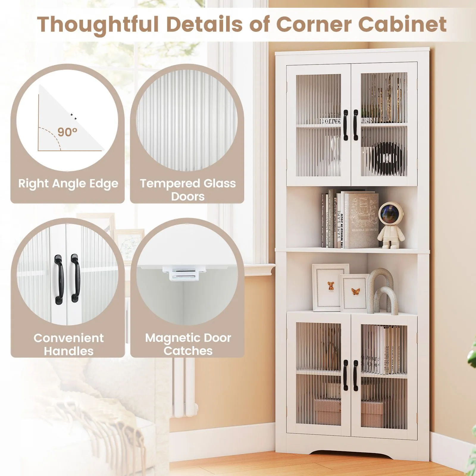 Costway Wooden 171cm Tall Corner Cabinet Corner Triangular Buffet Cabinet in White 3
