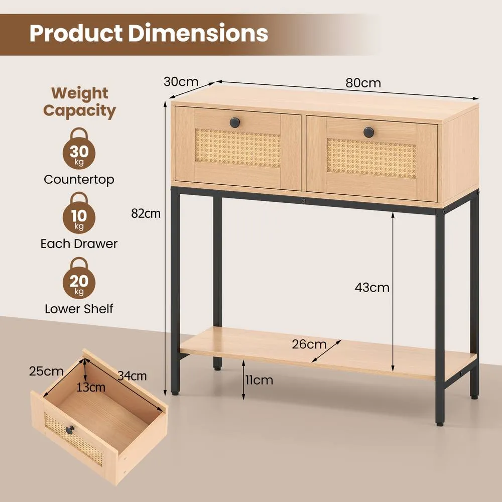 Costway 80CM Boho Console Table Modern Wooden Entryway Table w/2 Drawers in Natural 2