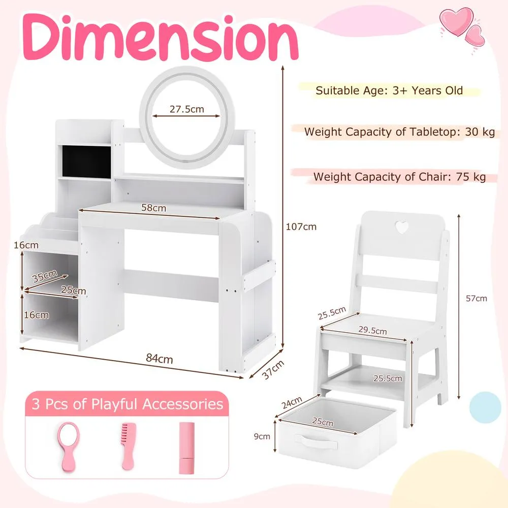 Costway Princess Pretend Play Dressing Table & Chair Set with Open Storage in White 2