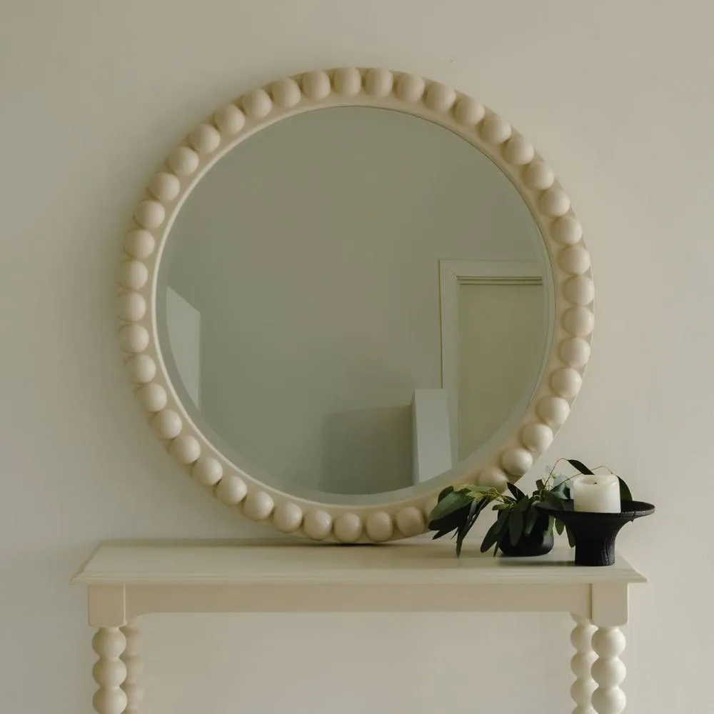 Statement Furniture Cromwell Round Wall Mirror with Bobbin Design Wooden Frame 77cm in Cream