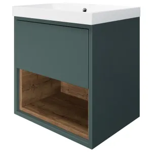 Wickes Nexus Stone Green & Tobacco Halifax Oak Wall Hung Vanity Unit & Nexus Basin - 546 x 500mm
