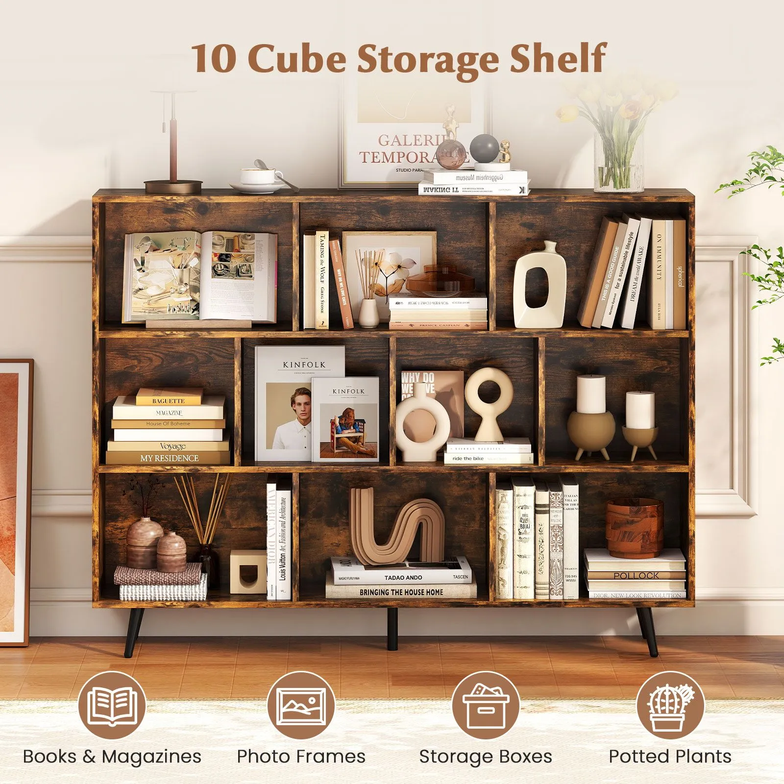 Costway 10-Cube Bookcase 140 CM Mid Century Modern Storage Organizer in Brown 4