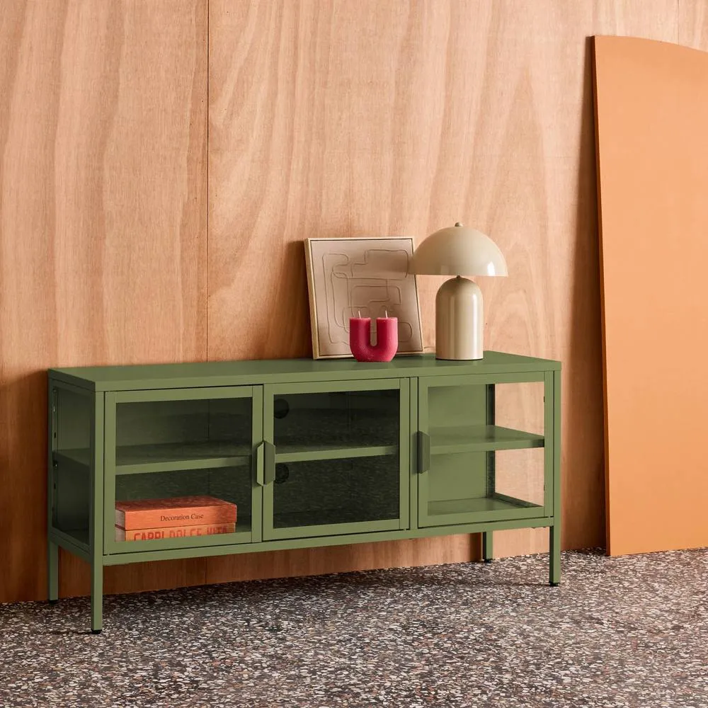 sweeek Industrial metal & tempered glass TV stand with 3 doors 120cm in Green 6