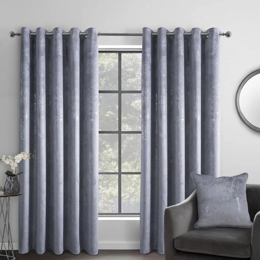 Smart Living Marble Effect Velvet Eyelet Curtains - Thermal Blackout - 2 Panels in Grey