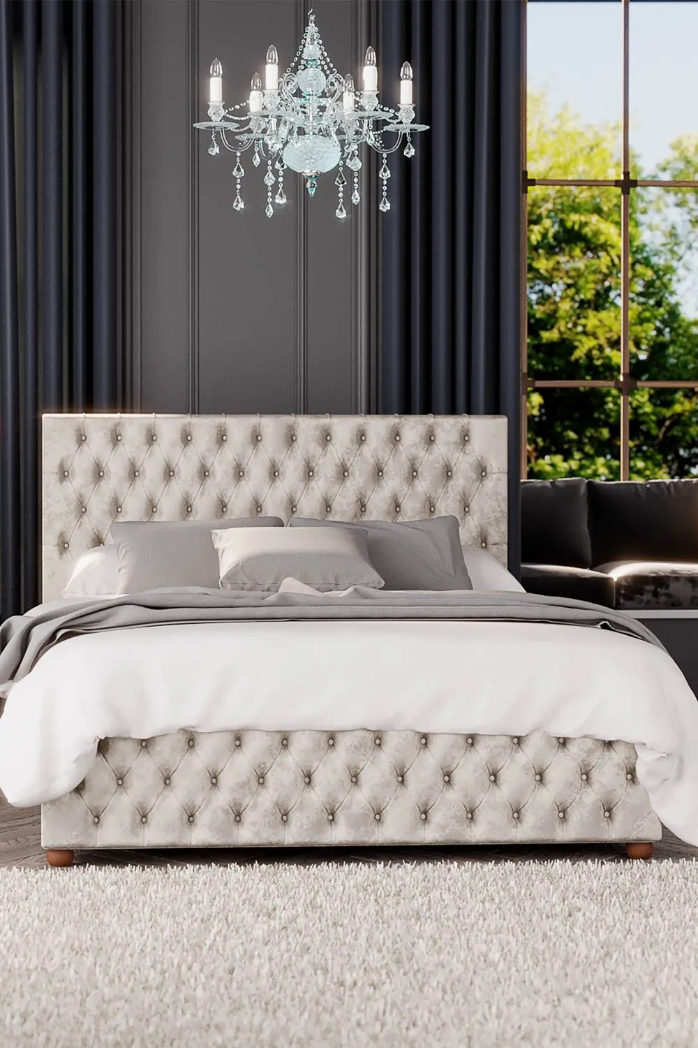 Laurence Llewelyn-Bowen Seren Ottoman Storage Bed in Mirazzi Velvet Fabric, Custom Made in Ivory