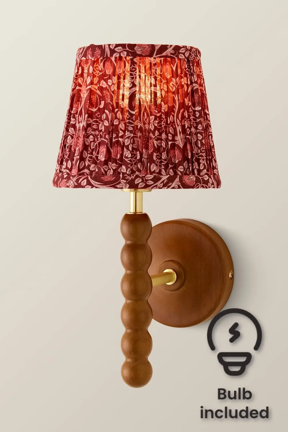 ValueLights Bobbins Pair Burgundy Floral Pleat Shade Wood Bobble Wall Light & Bulb in Walnut
