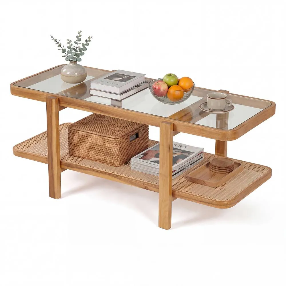 Costway 2-Tier Coffee Table w/ PE Rattan Shelf Table w/ Glass Tabletop in Brown