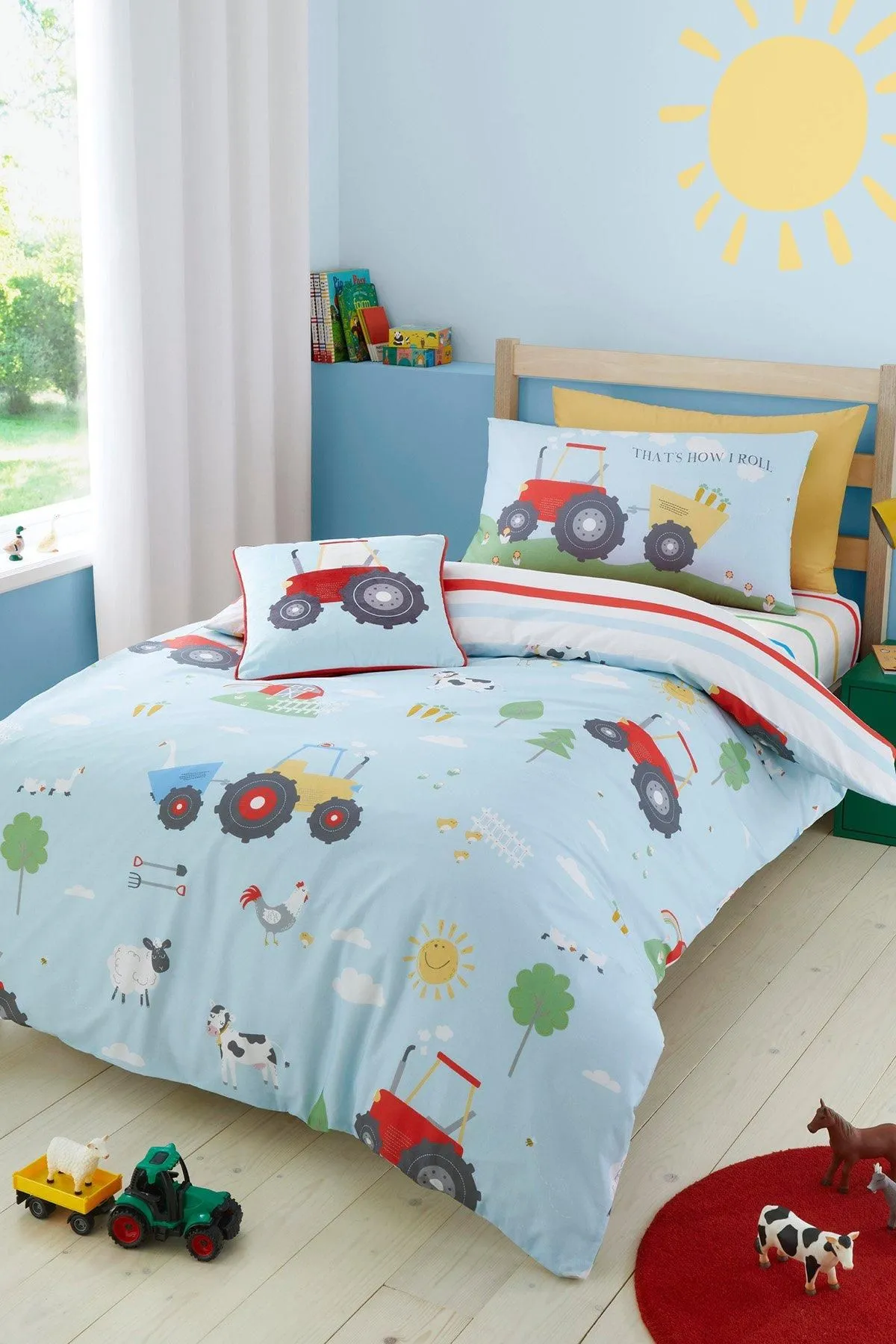 Bedlam 'Farmyard Friends' Striped Print 28cm Fitted Bed Sheet in Blue | Size: Single Fitted