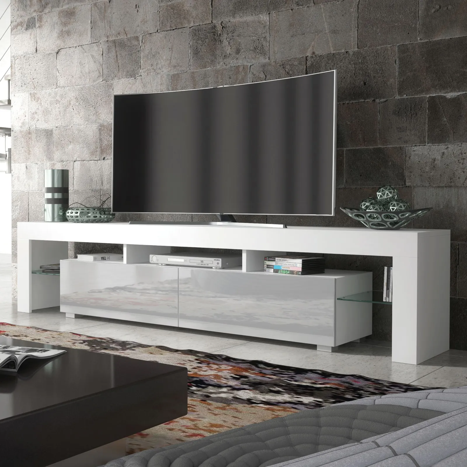 Creative Furniture TV Unit 200cm Modern - White with High Gloss Grey Doors 6