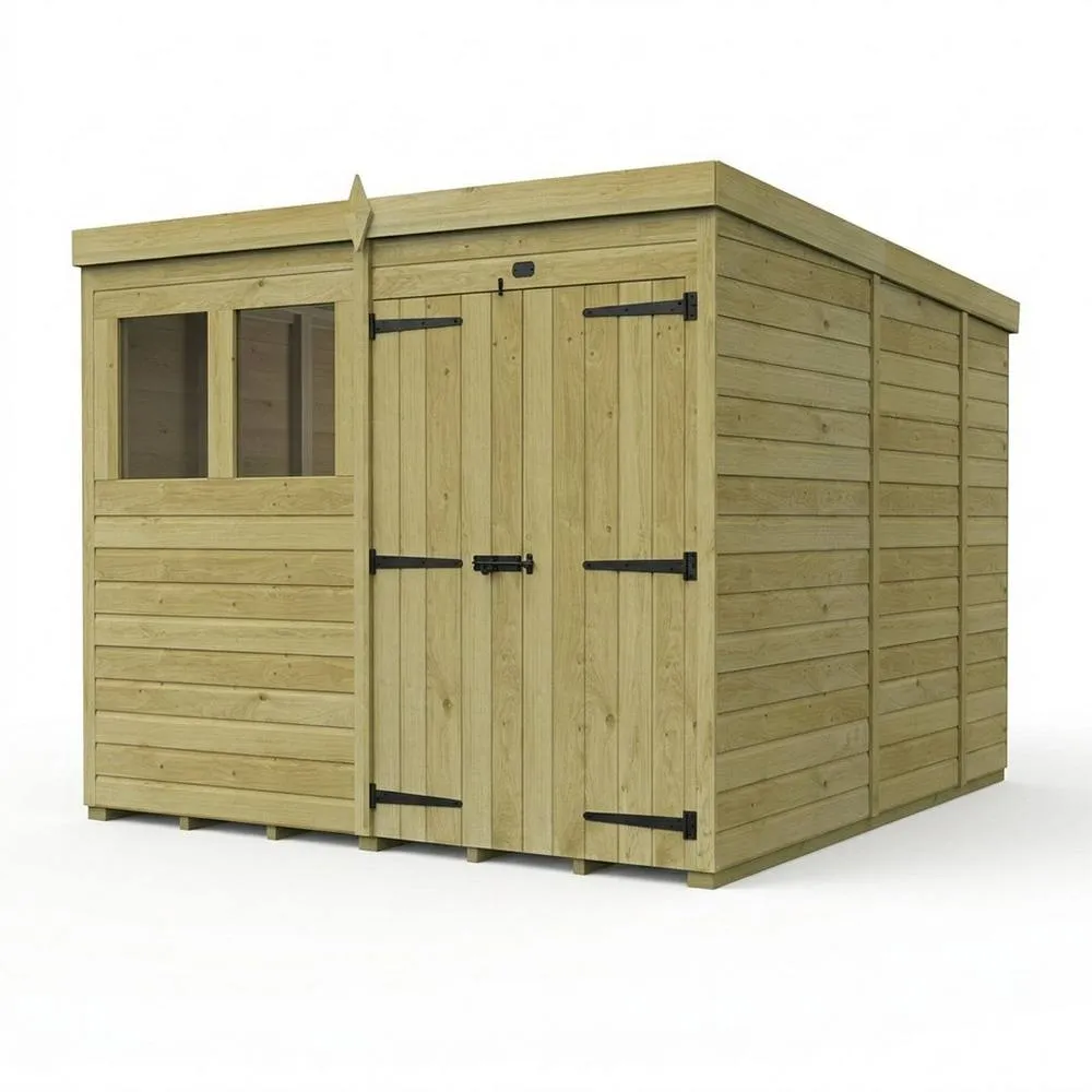 Buttercup Farm 8ft x 9ft Pent Garden Shed Double Door With Windows - Timber in Brown