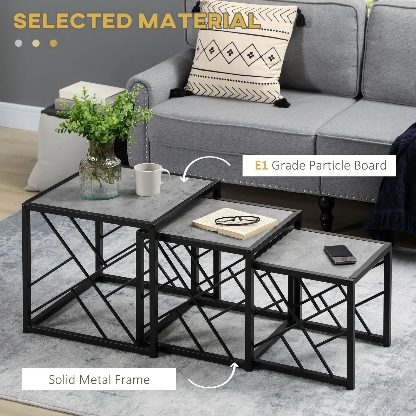 HOMCOM Set of 3 Nesting Coffee Tables Square Side Tables with Metal Frame in Grey 4