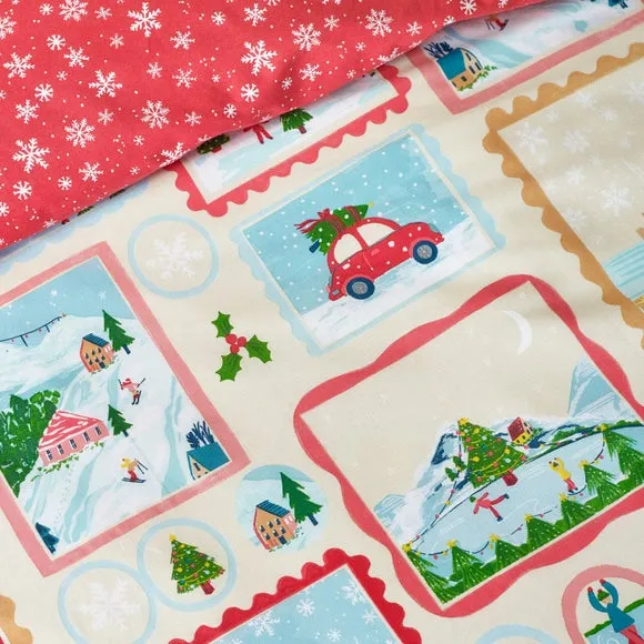 Catherine Lansfield Christmas Town Stamps Polycotton Duvet Cover & Pillowcase Set 3