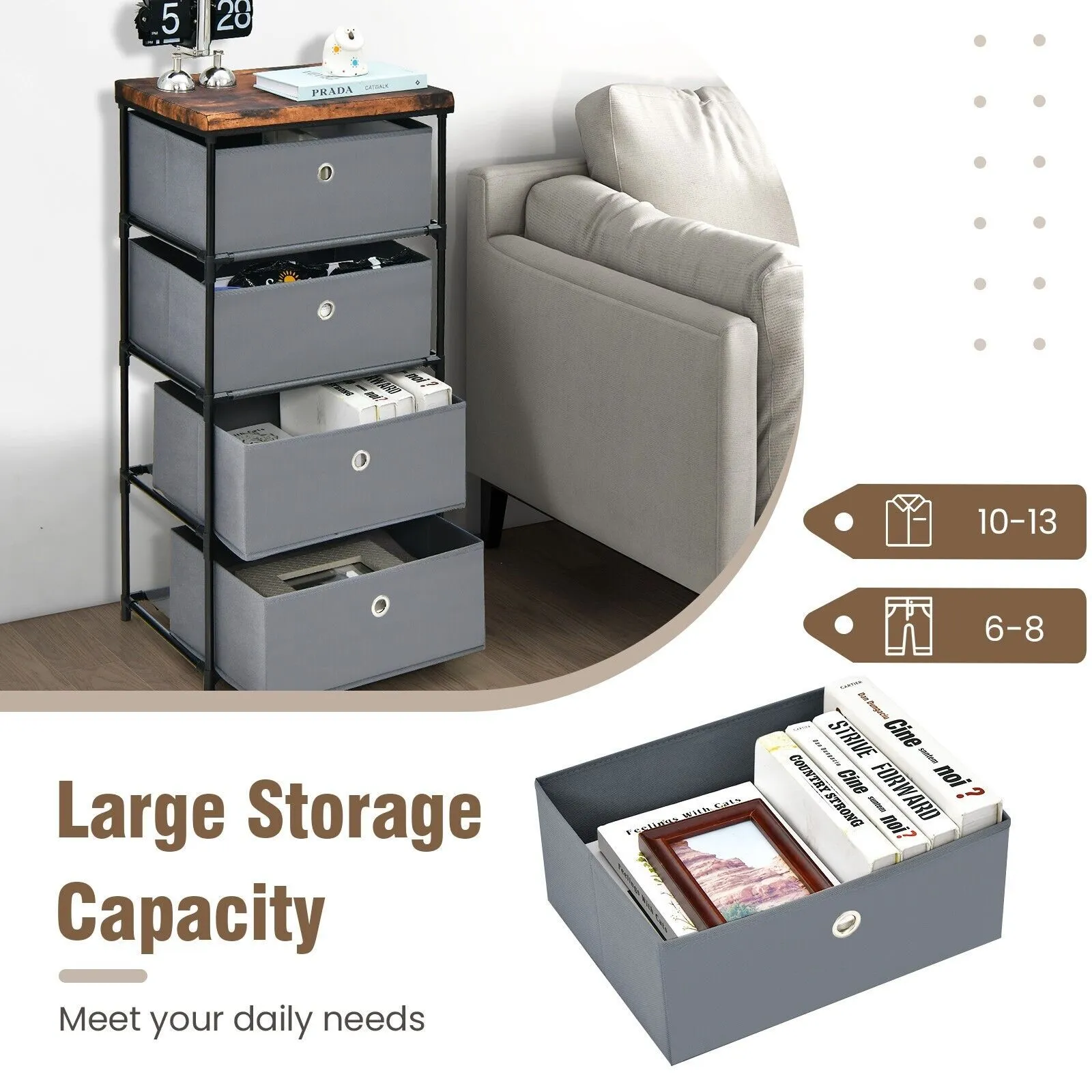 Costway 4 Drawer Fabric Dresser Storage 4-Tier Organizer Tower Dresser Nightstand w/ Drawers in Grey 6