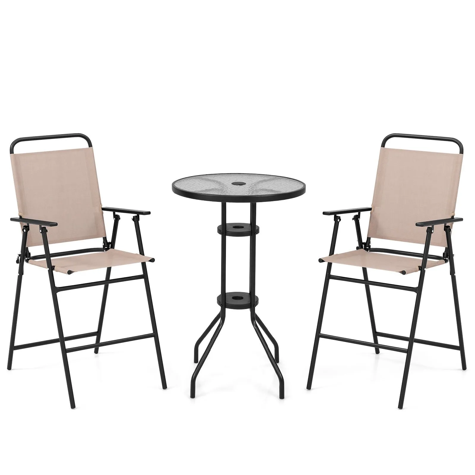 Costway 3 PCS Outdoor Folding Bistro Set Patio 2 Folding Chairs & Round Bar Table W/ 4 cm Umbrella Hole in Beige 2