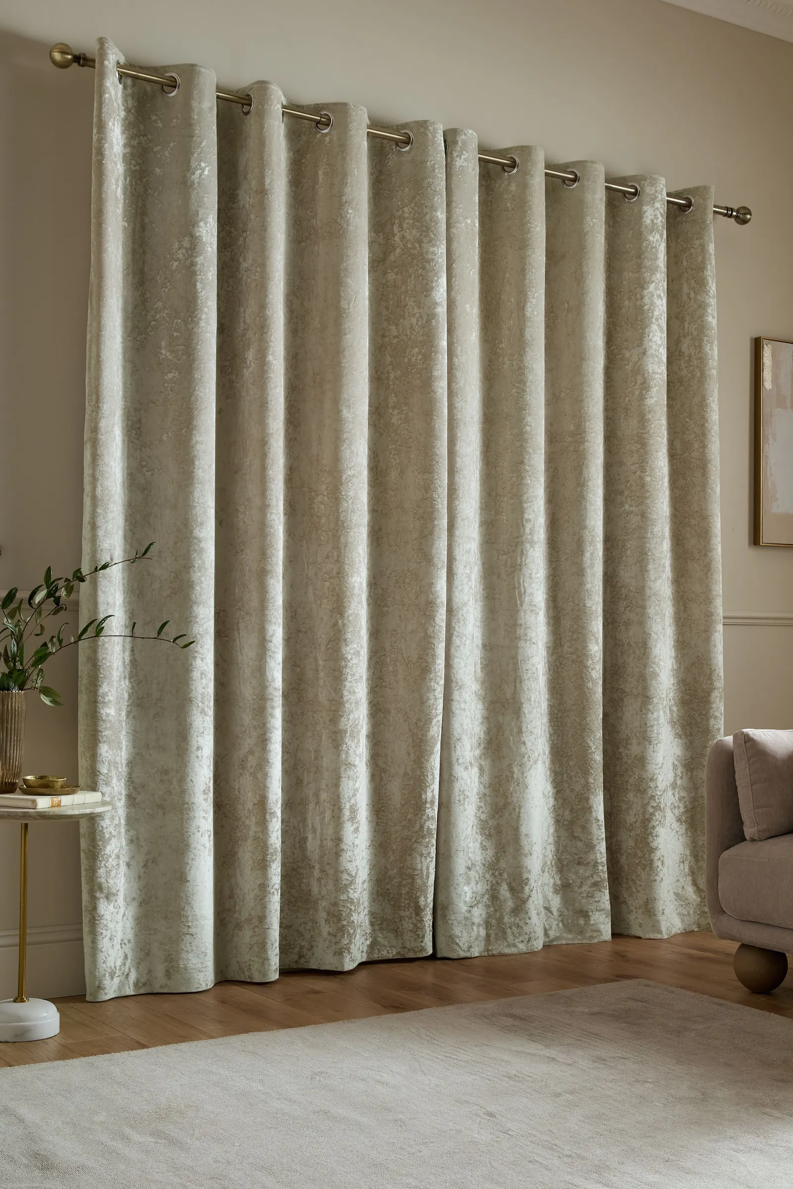 Catherine Lansfield 'Crushed Velvet' Lined Eyelet Curtains in Natural 2