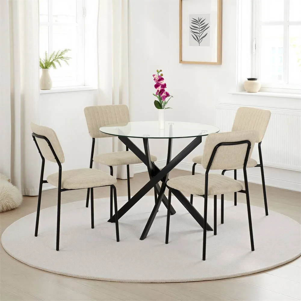 Seconique Sheldon Round Glass Top Dining Set (X4 Chairs) - Beige Fabric