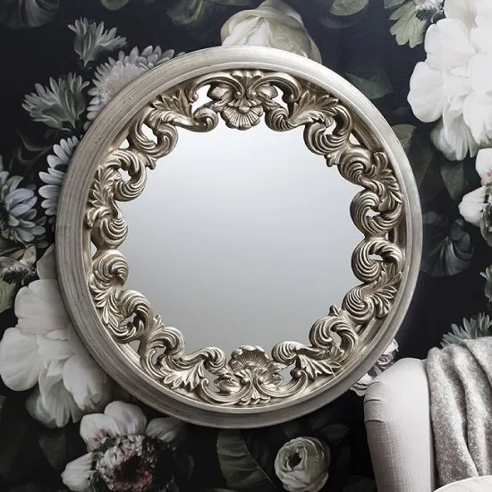 Anna Wall Mirror Round In Silver With Ornate Frame