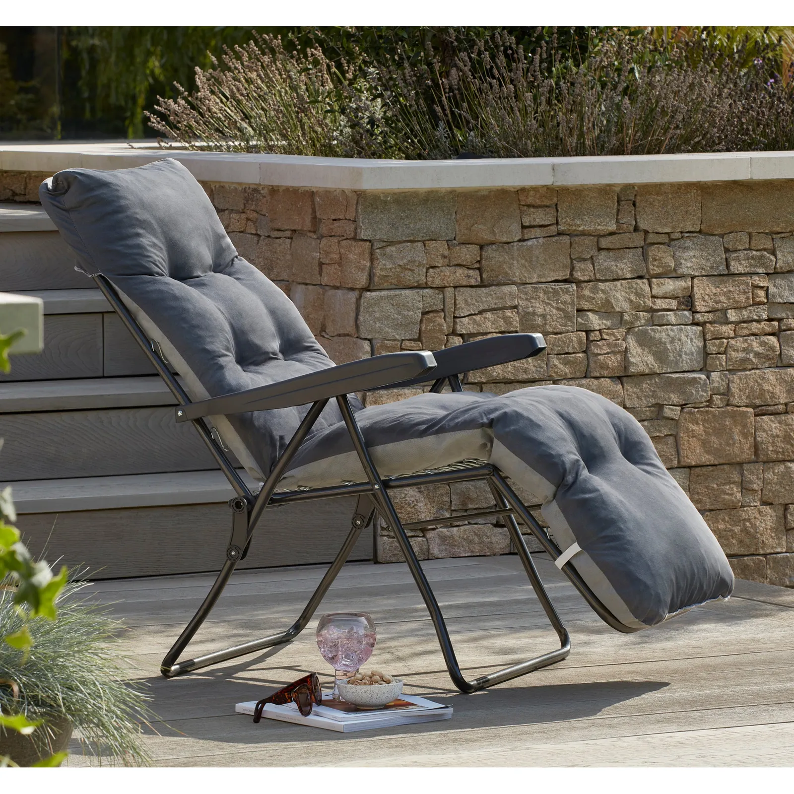 Padded Foldable Charcoal Lounger Charcoal (Grey)