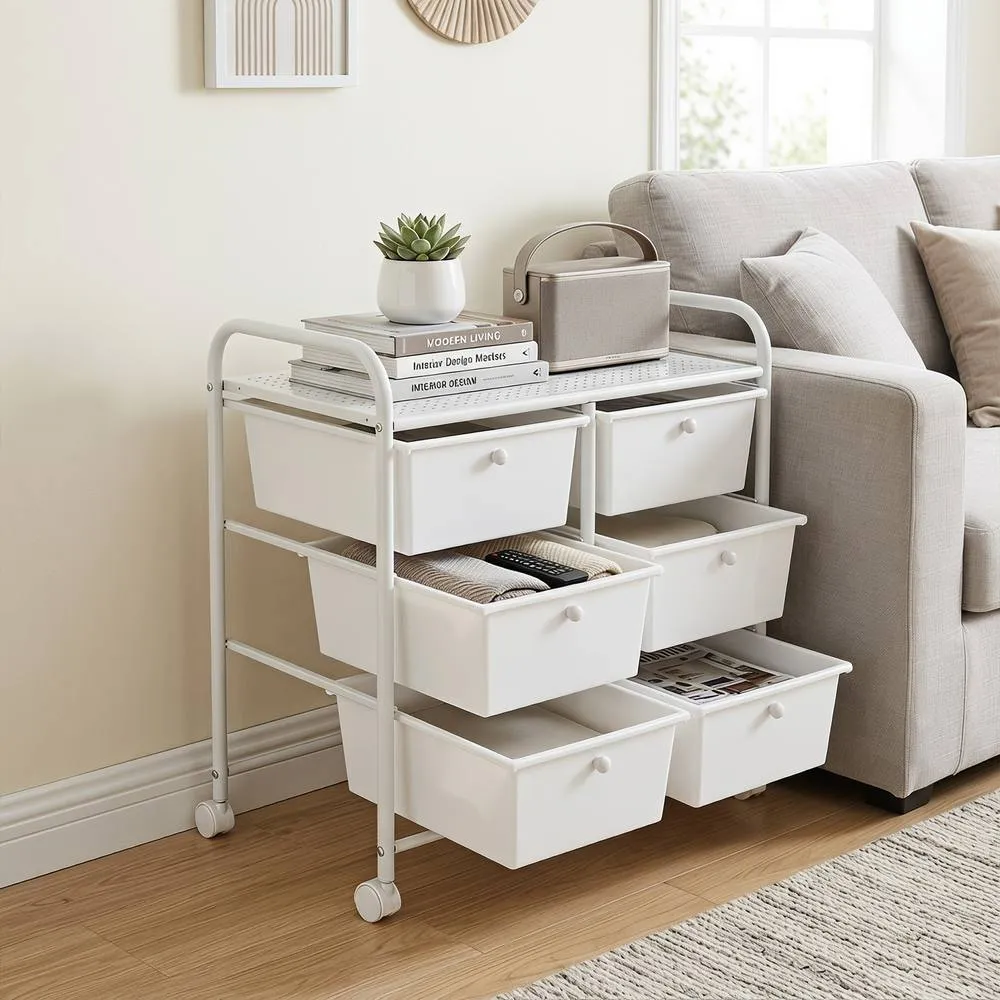 Costway 6-Drawer Rolling Cart Storage Cart w/4 Universal Wheels in White 3