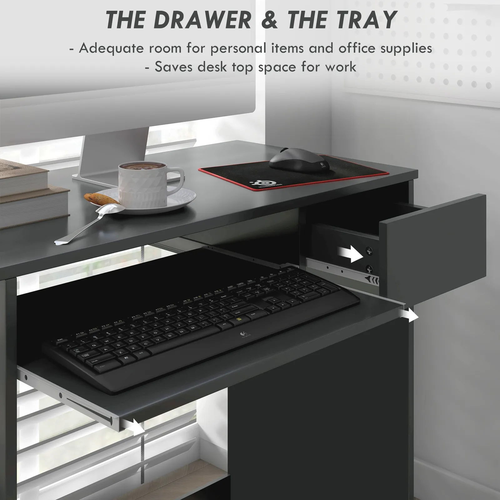 HOMCOM Compact Computer Table w/ Keyboard Tray Drawer Study Office Work in Grey 4