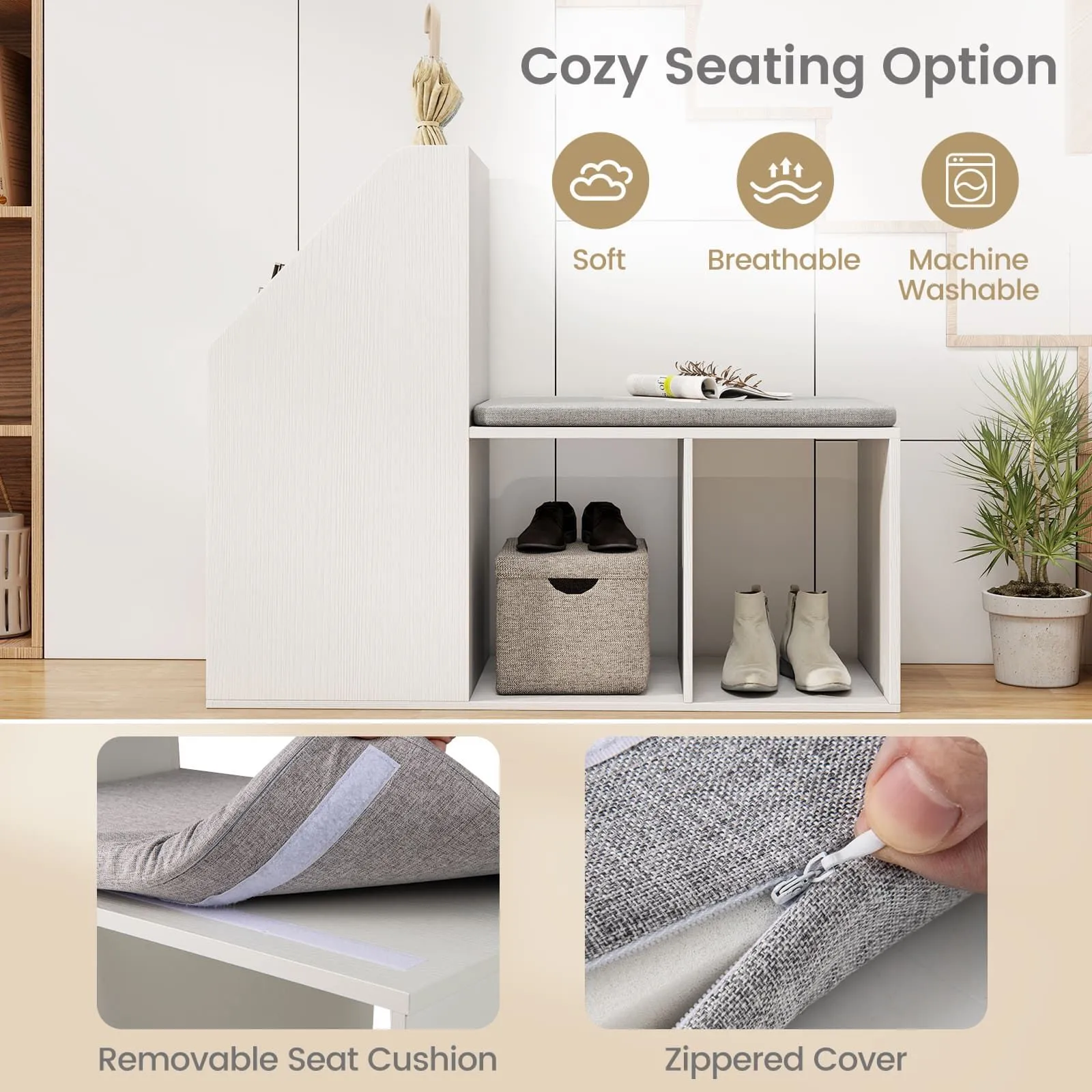 Costway Shoe Storage Bench Entryway Bench 3-Tier Rack w/ Cushion in White 4