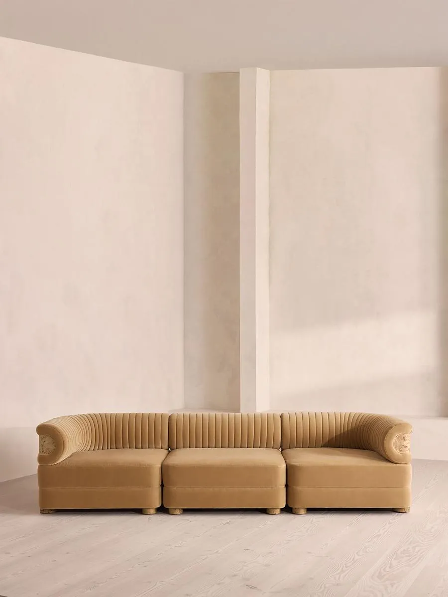 Caleb Modular Four Seater Sofa, Velvet, Camel, Blonde Burl
