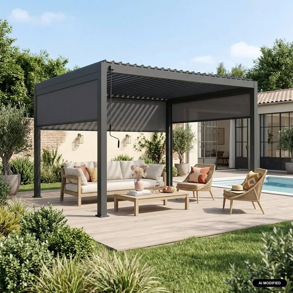 sweeek Louvered pergola aluminium 4 x 3m with 2 3m blinds & a 4m blind in Dark Grey 1