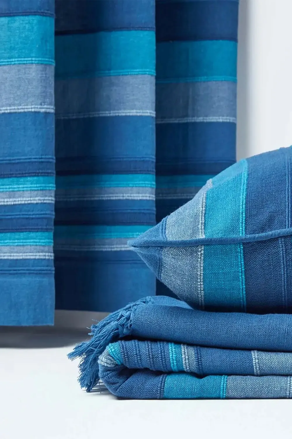 Homescapes Cotton Morocco Striped Curtain Pair in Blue 4