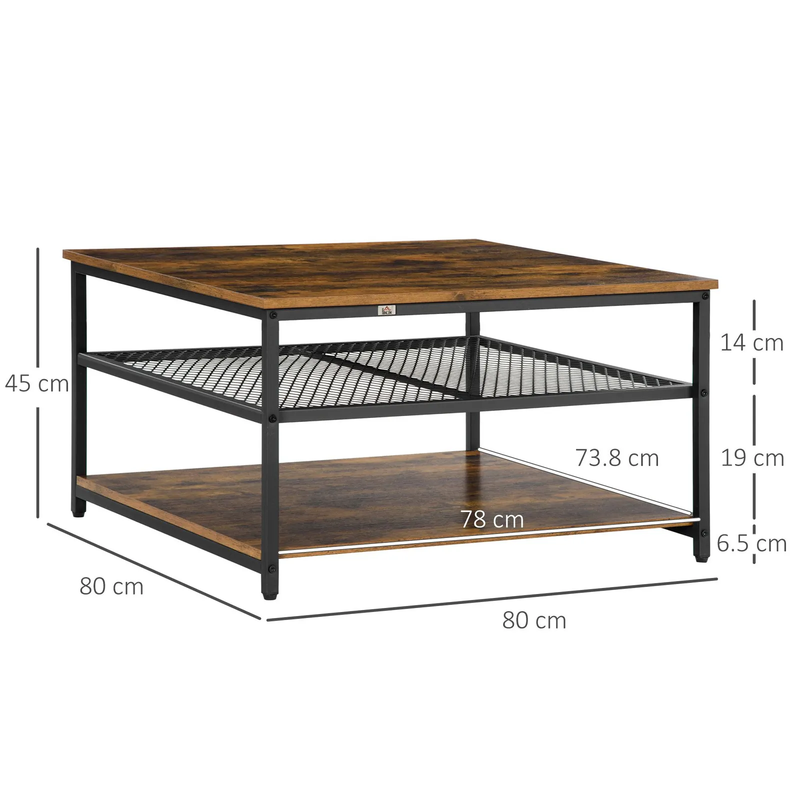 HOMCOM Industrial Coffee Table Centre Table with 3-Tier Storage Shelves in Brown 3
