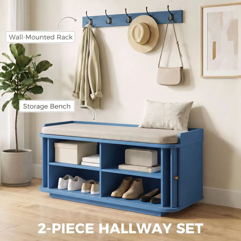 HOMCOM Hallway Furniture Set with Shoe Bench & Coat Rack in Blue 4
