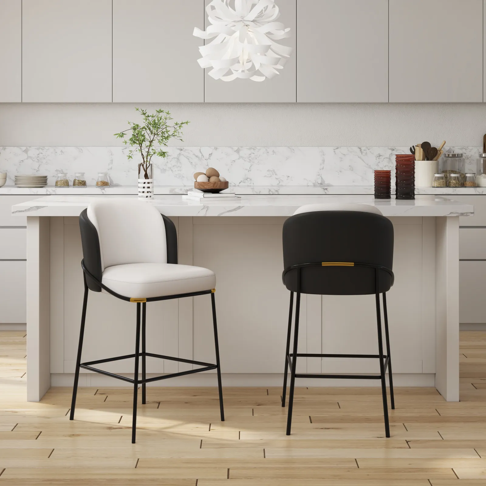 Modern PU Leather Bar Stool Black with Back & Footrest Set of 8