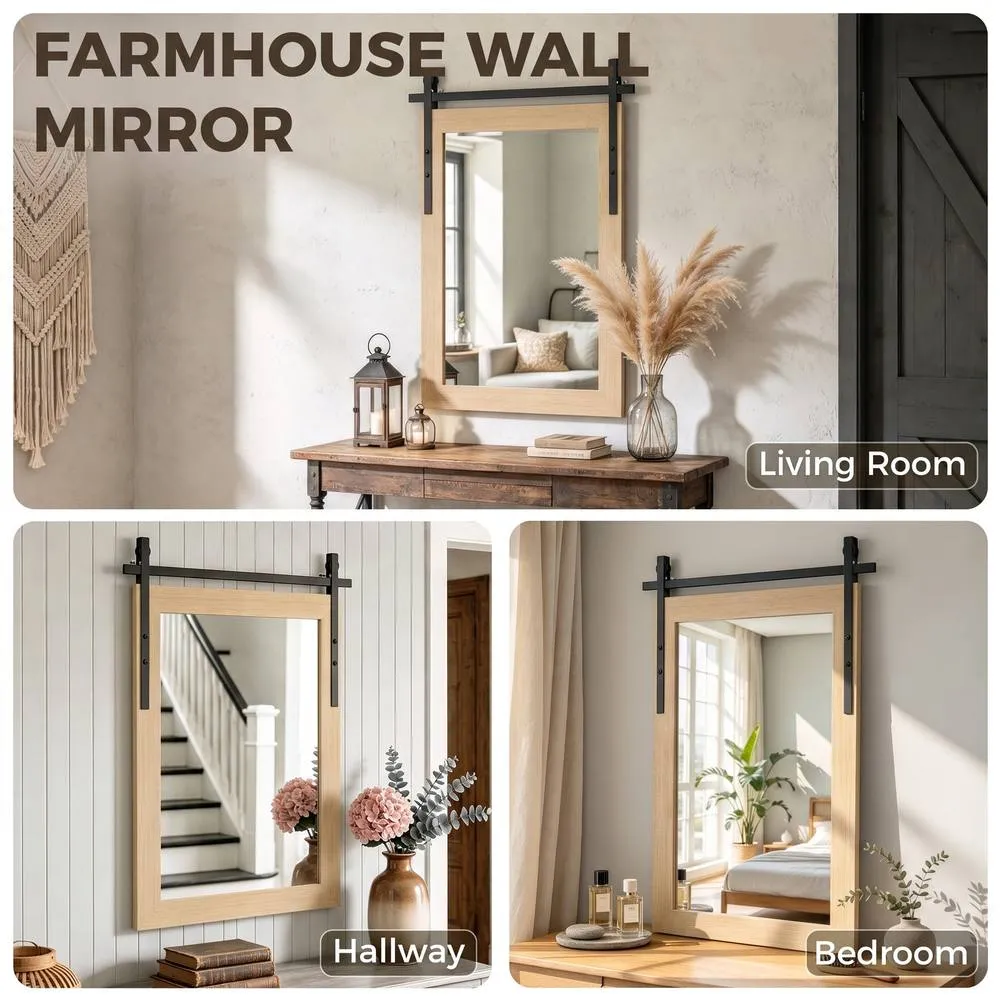 HOMCOM Farmhouse Rectangle Mirror, 86.5 x 61 cm, White Oak in Natural 4