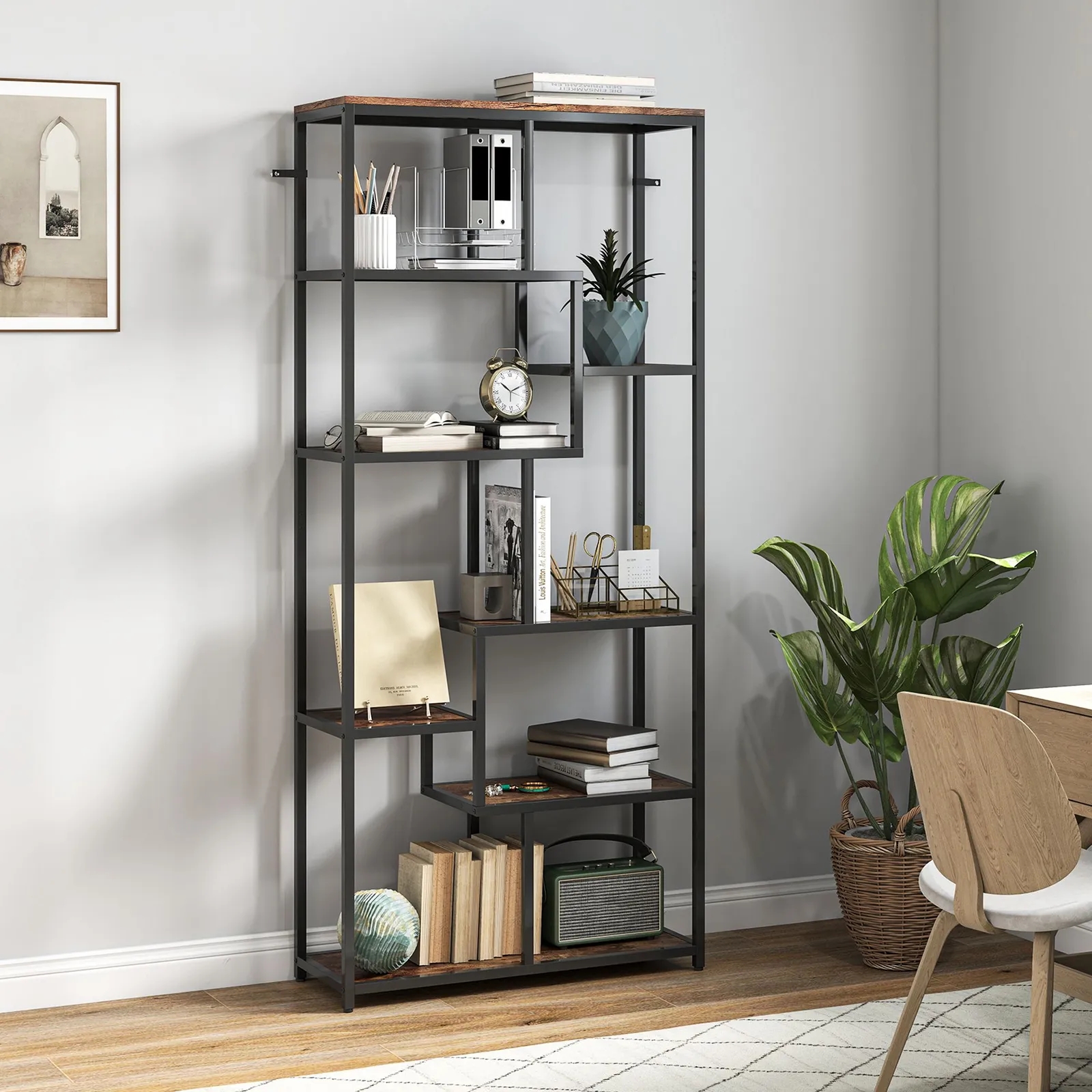 HOMCOM Industrial Bookcase 7-Tier Bookshelf Shelving Unit Rustic Brown Black