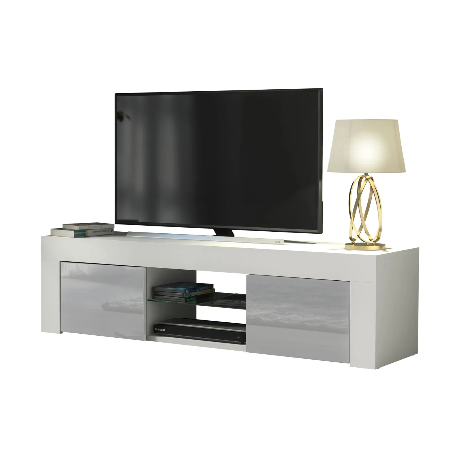 Creative Furniture TV Unit 130cm Modern - White with High Gloss Grey Doors 3