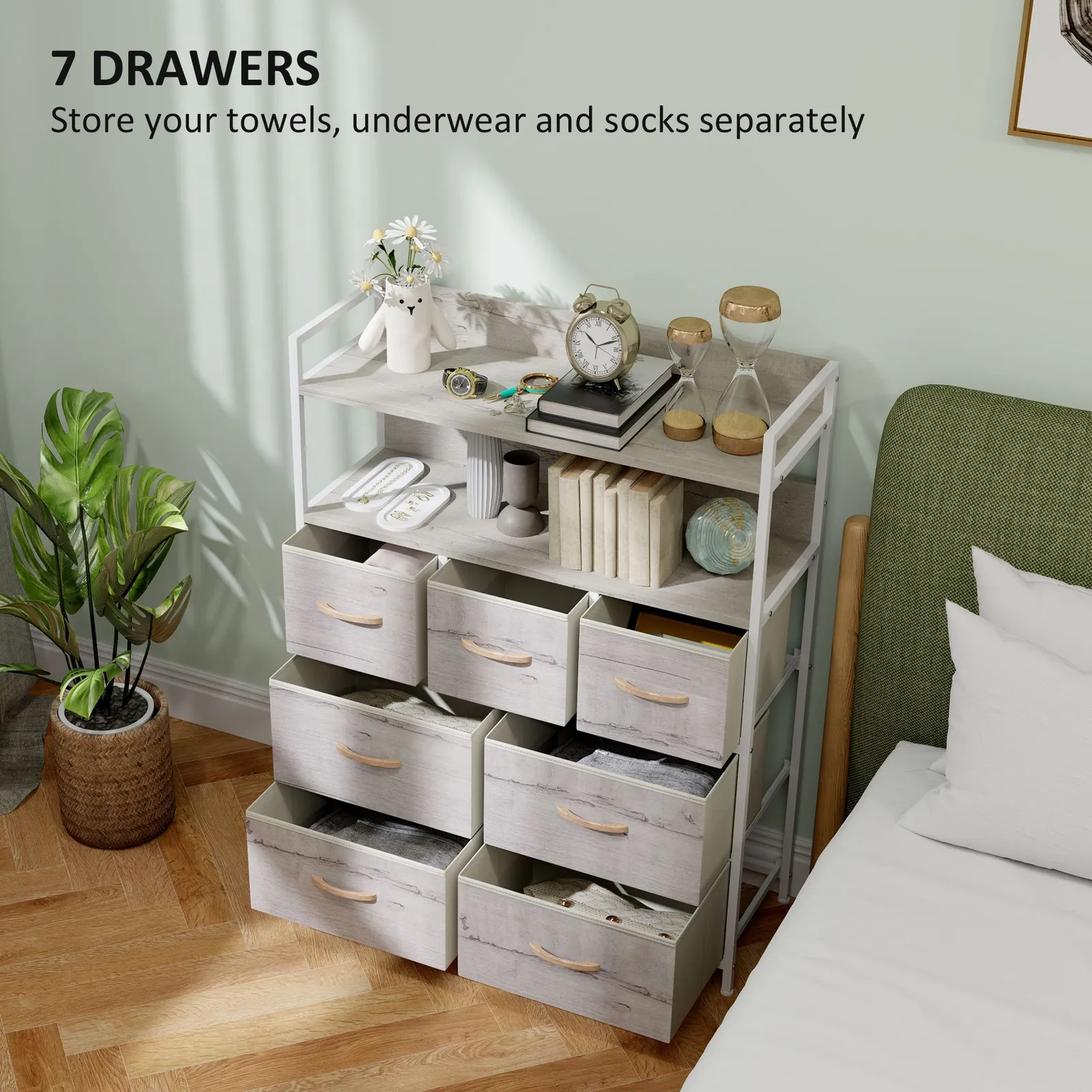 HOMCOM Bedroom Chest of Drawers 7 Drawer Dresser w/ Shelves in Natural 4