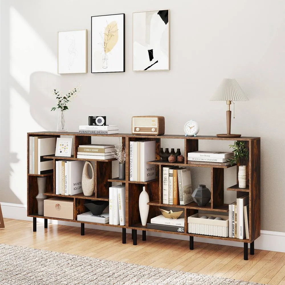 Costway Modern Geometric Bookcase Wooden Open Bookshelf Display Shelves in Brown 5
